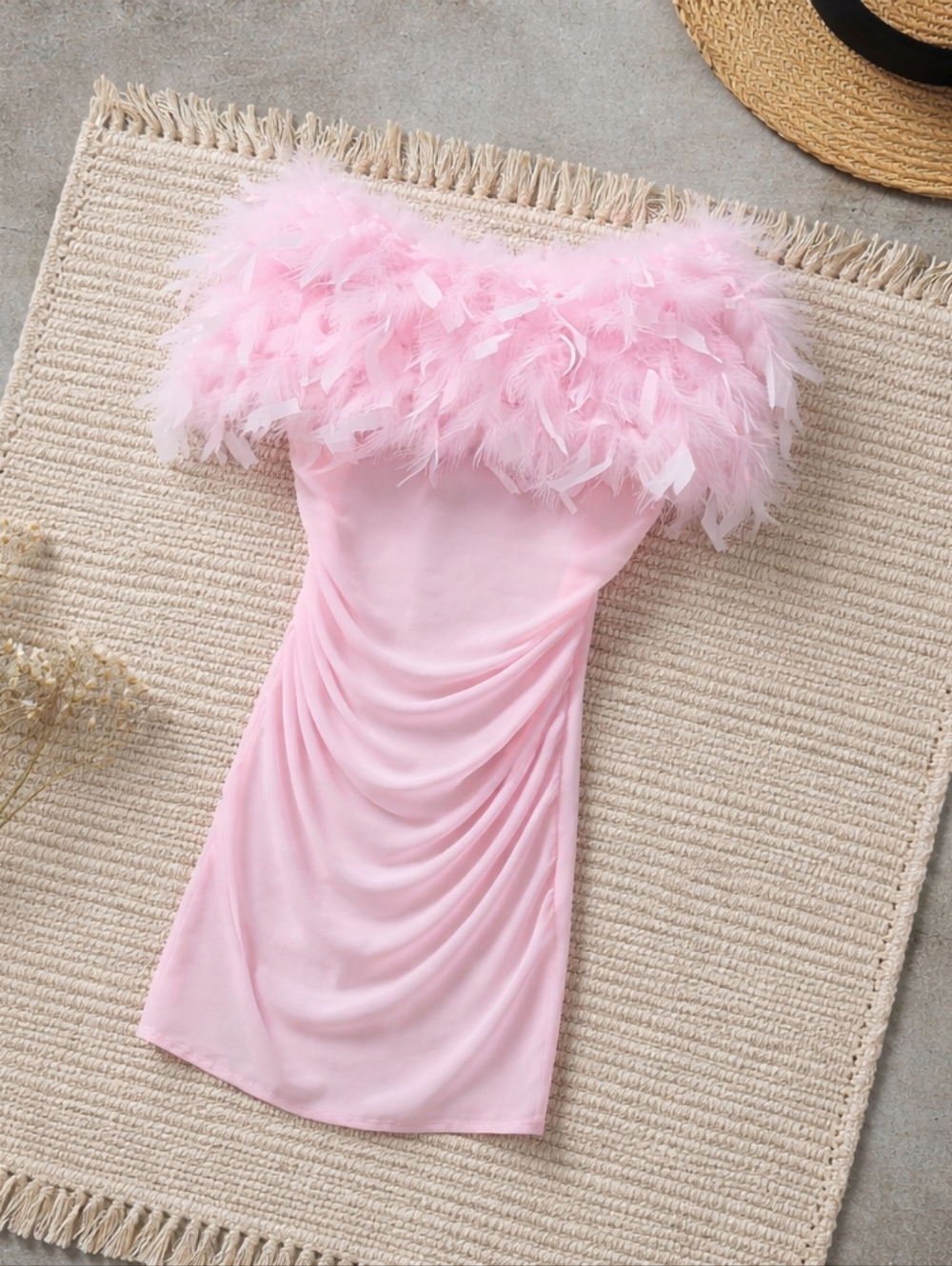 Halfheart Feather-Trim Strapless Pink Chemise